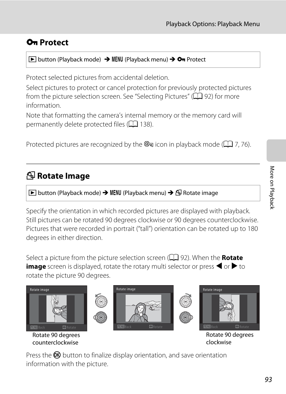 Protect, Rotate image, D protect f rotate image | A 93), A 93, D protect, F rotate image | Nikon S8000 User Manual | Page 105 / 184