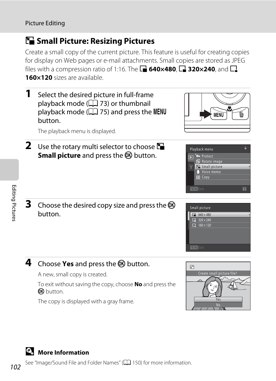 Small picture: resizing pictures, G small picture: resizing pictures, A 102 | A 102) | Nikon S8000 User Manual | Page 114 / 184
