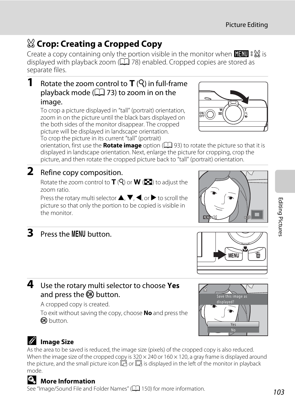 Crop: creating a cropped copy, A crop: creating a cropped copy, A 103) | Nikon S8000 User Manual | Page 115 / 184