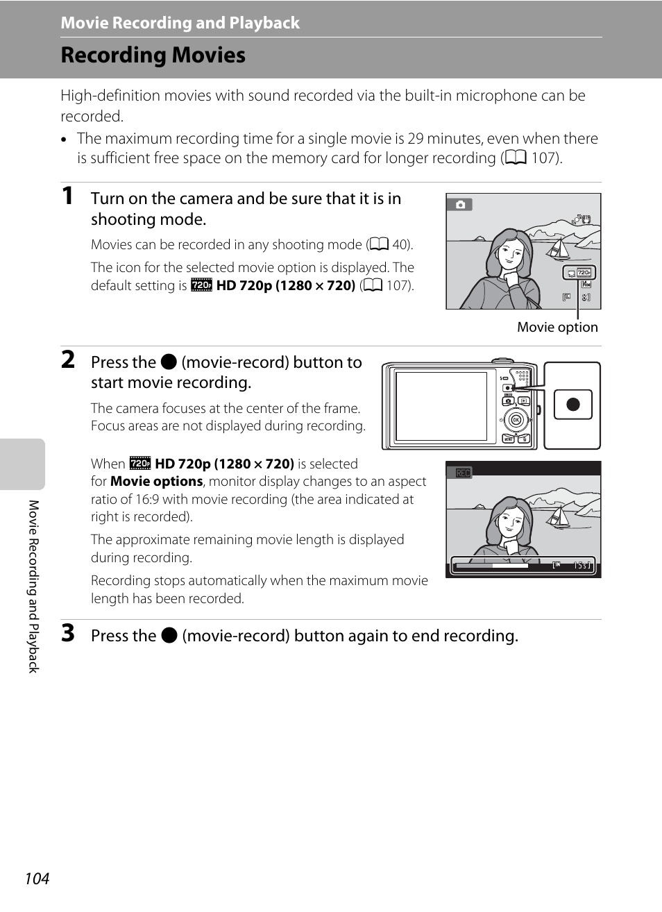 Movie recording and playback, Recording movies, A 104) | Nikon S8000 User Manual | Page 116 / 184