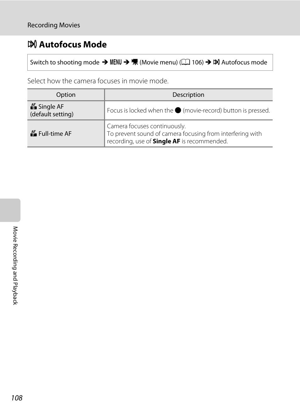 Autofocus mode, I autofocus mode, A 108) i | A 108 | Nikon S8000 User Manual | Page 120 / 184