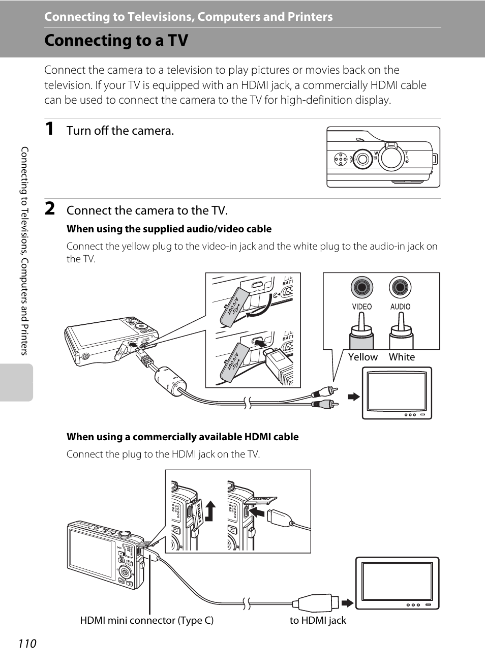 Connecting to televisions, computers and printers, Connecting to a tv | Nikon S8000 User Manual | Page 122 / 184
