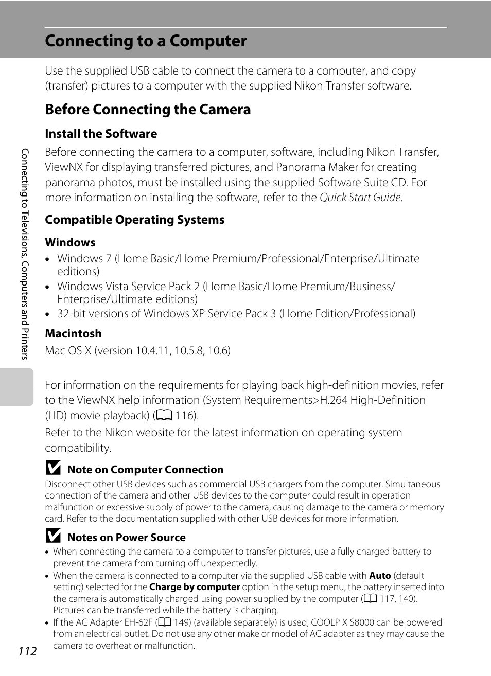 Connecting to a computer, Before connecting the camera, A 112, 140) | A 112) | Nikon S8000 User Manual | Page 124 / 184