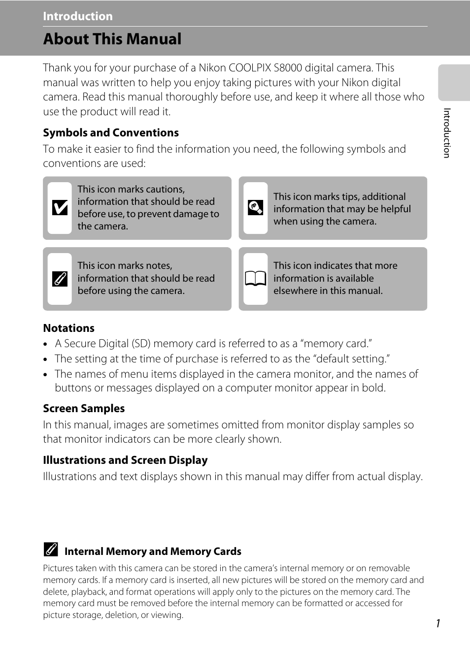 Introduction, About this manual, Ab d c | Nikon S8000 User Manual | Page 13 / 184