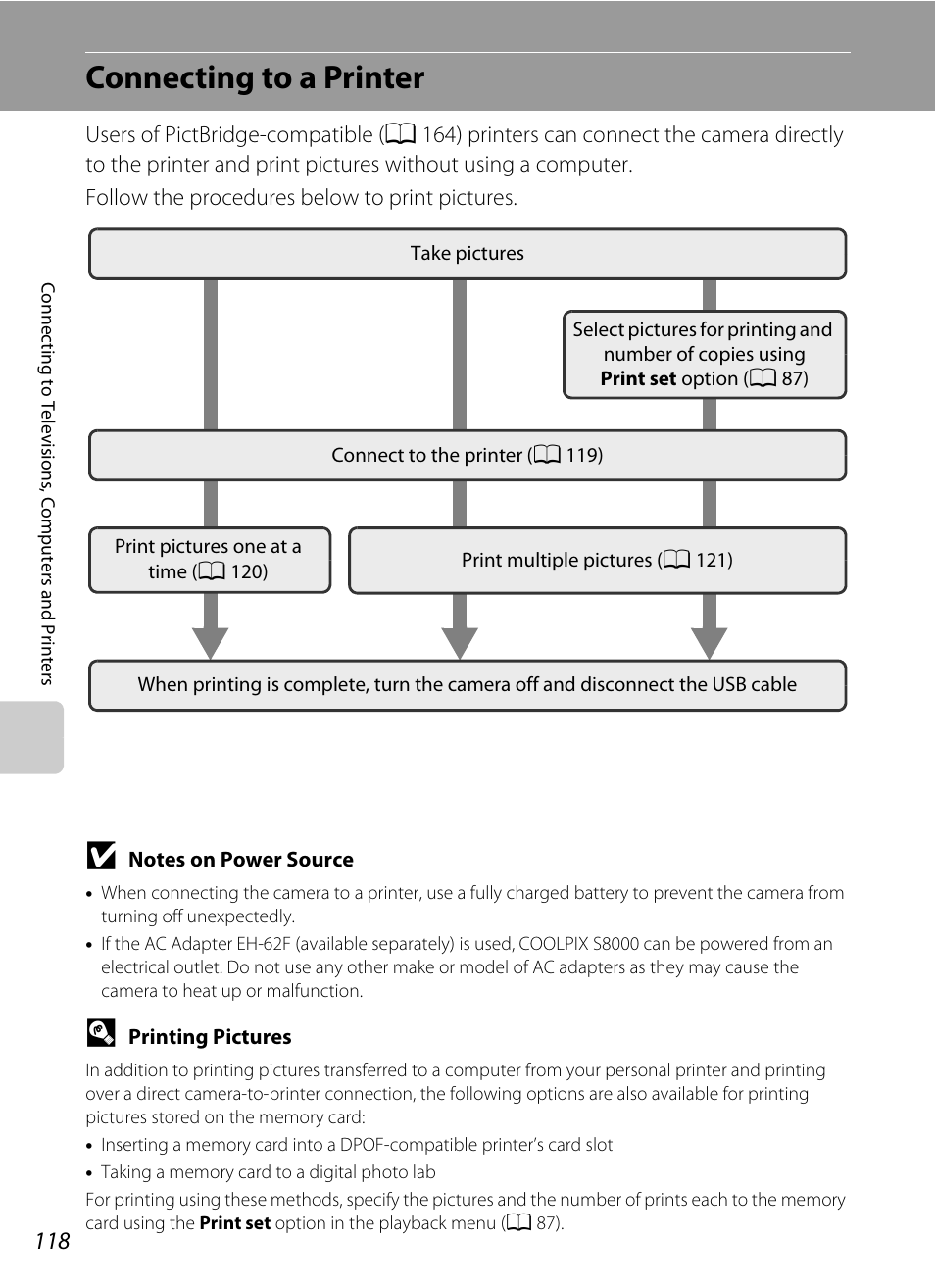 Connecting to a printer | Nikon S8000 User Manual | Page 130 / 184
