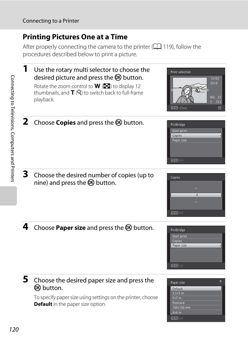 Printing pictures one at a time, A 120), Choose copies and press the k button | Choose paper size and press the k button | Nikon S8000 User Manual | Page 132 / 184