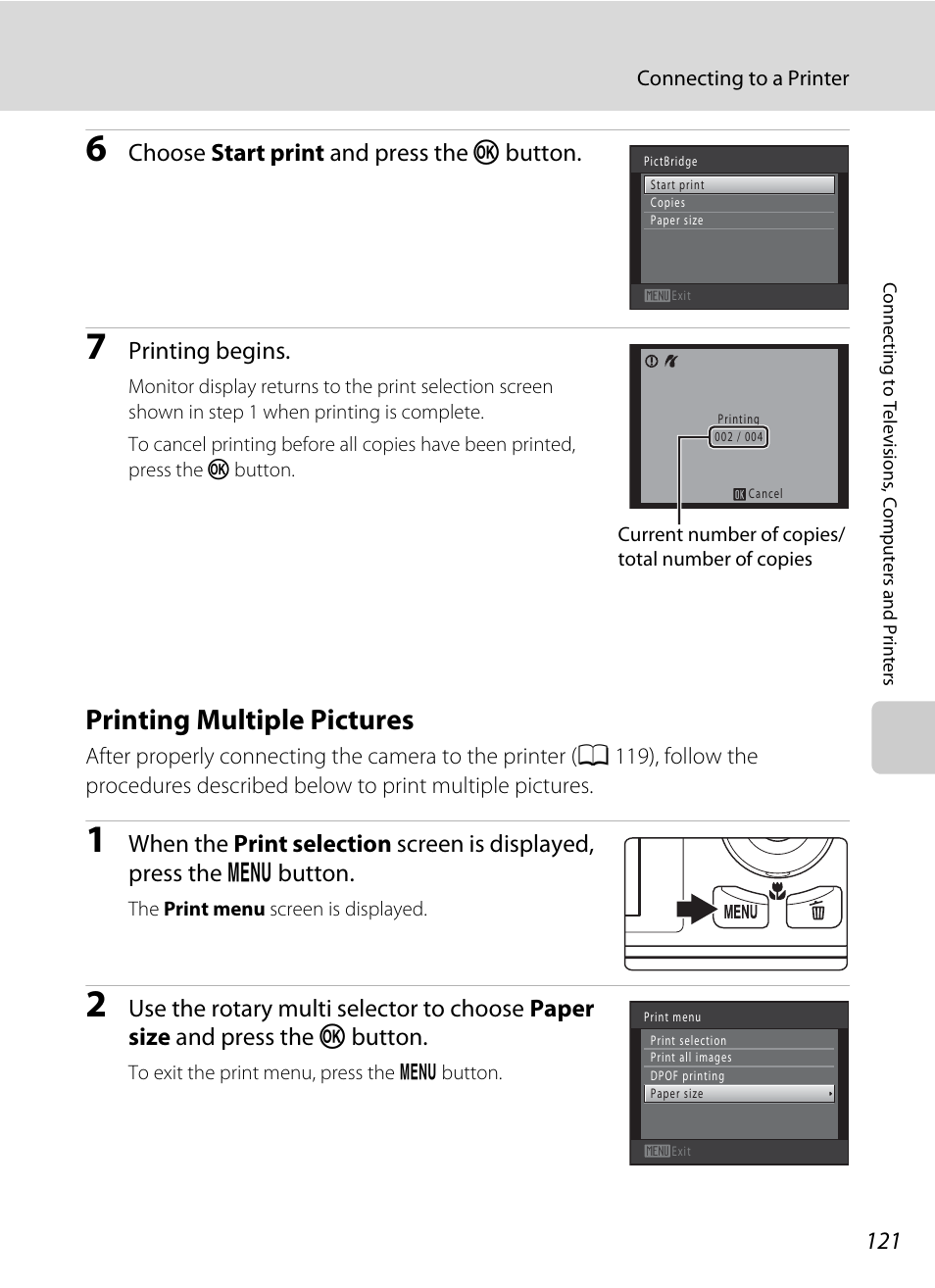 Printing multiple pictures, A 121), Choose start print and press the k button | Printing begins | Nikon S8000 User Manual | Page 133 / 184