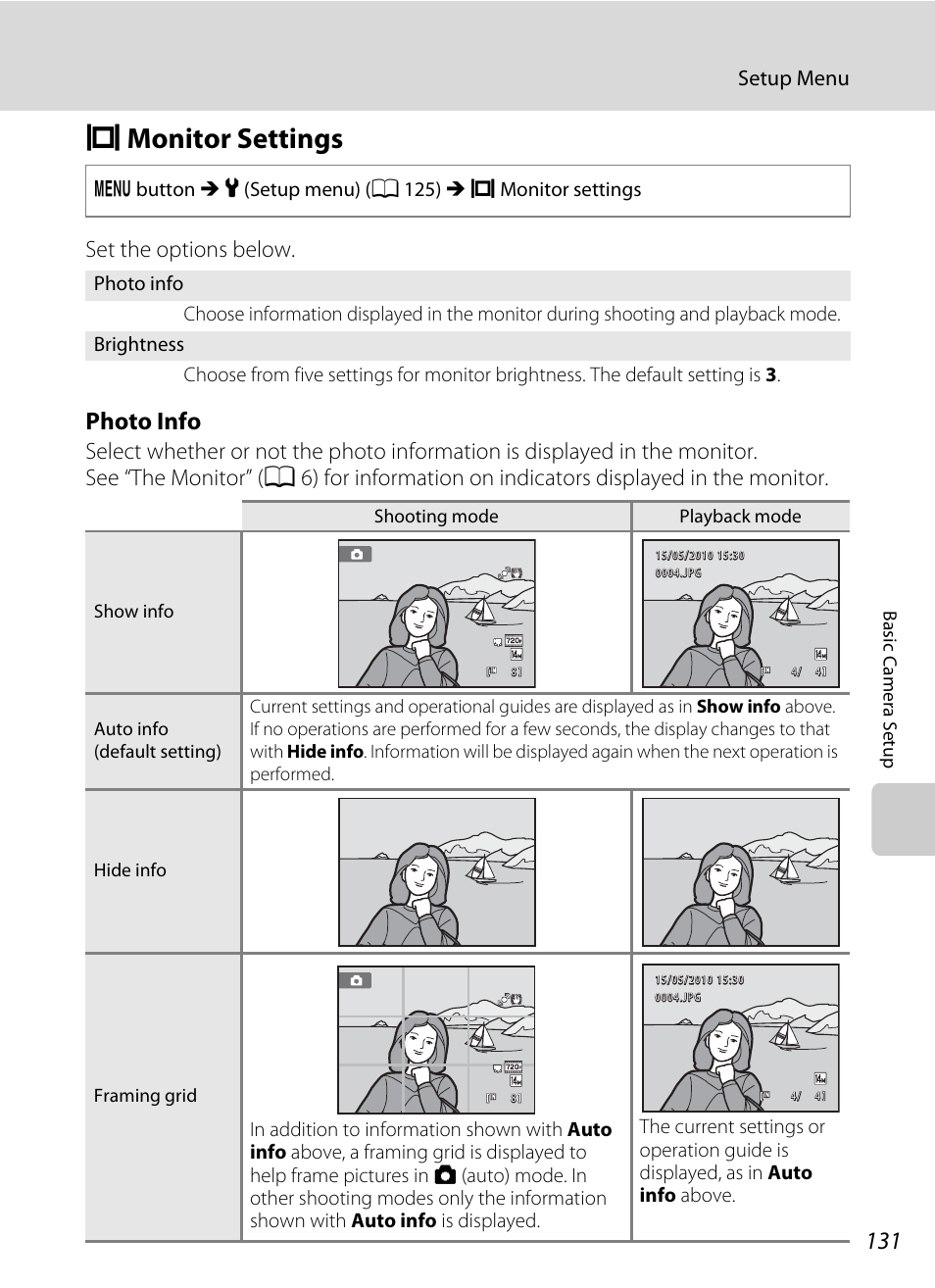 Monitor settings, E monitor settings, A 131) | Off after a few seconds, Ings, A 131, Photo info, Set the options below, Setup menu | Nikon S8000 User Manual | Page 143 / 184