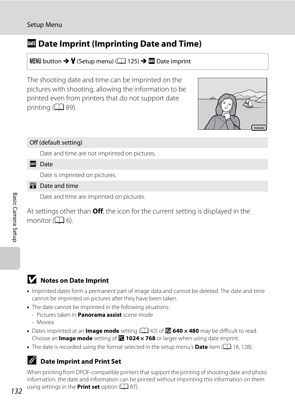 Date imprint (imprinting date and time), F date imprint (imprinting date and time), A 132) in | A 132 | Nikon S8000 User Manual | Page 144 / 184