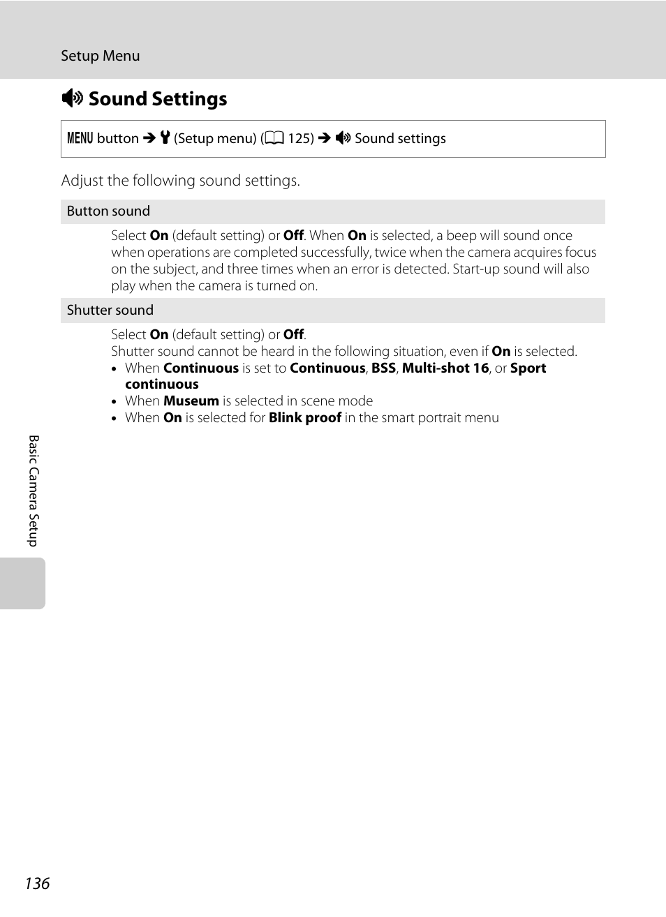 Sound settings, I sound settings, A 136 | Nikon S8000 User Manual | Page 148 / 184