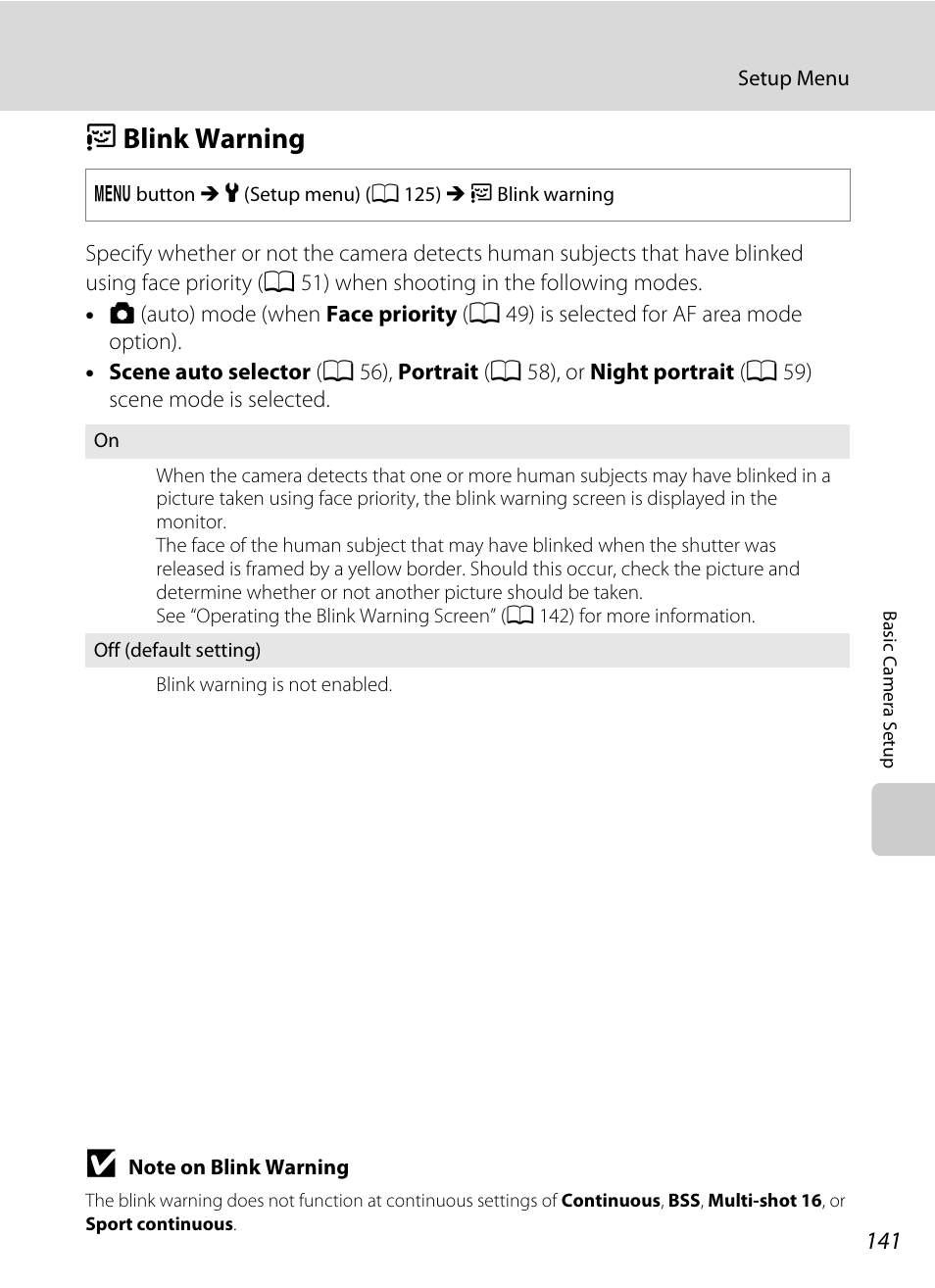 Blink warning, D blink warning, A 141 | Nikon S8000 User Manual | Page 153 / 184