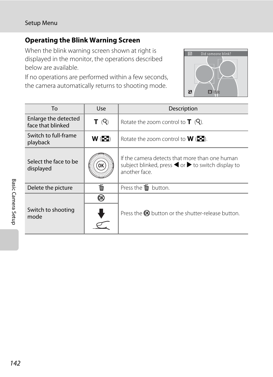 See “operating the blink warning screen, A 142) for, Operating the blink warning screen | Nikon S8000 User Manual | Page 154 / 184