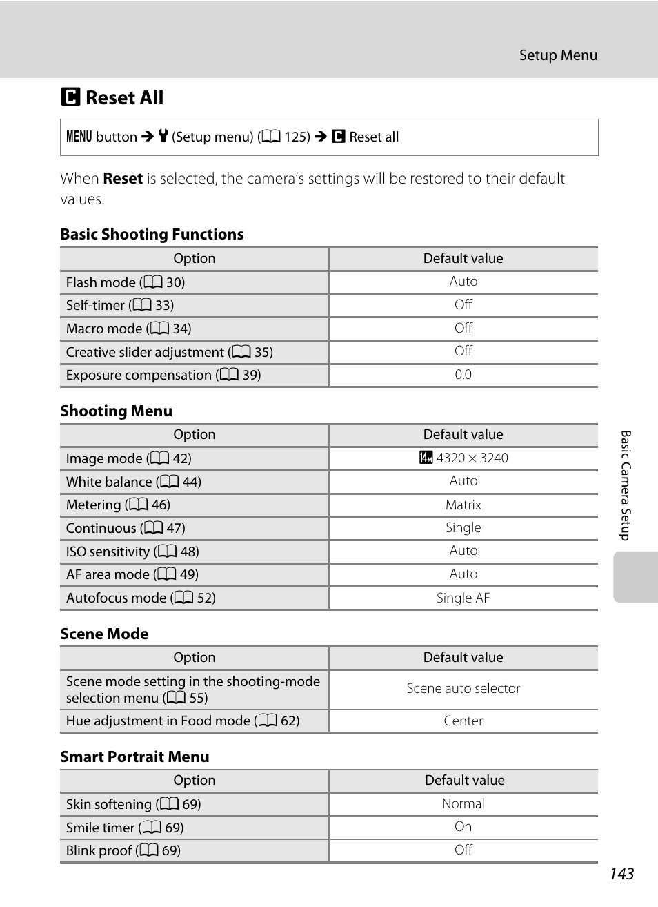 Reset all, P reset all, A 143 | Nikon S8000 User Manual | Page 155 / 184