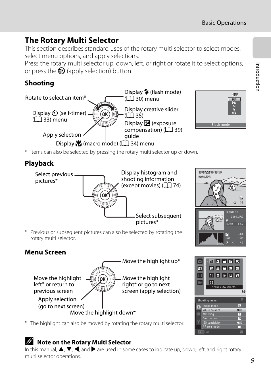 The rotary multi selector, Shooting, Playback | Menu screen, Basic operations | Nikon S8000 User Manual | Page 21 / 184