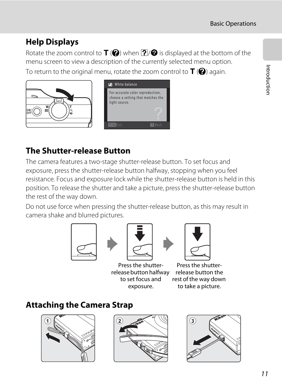 Help displays, The shutter-release button, Attaching the camera strap | Nikon S8000 User Manual | Page 23 / 184