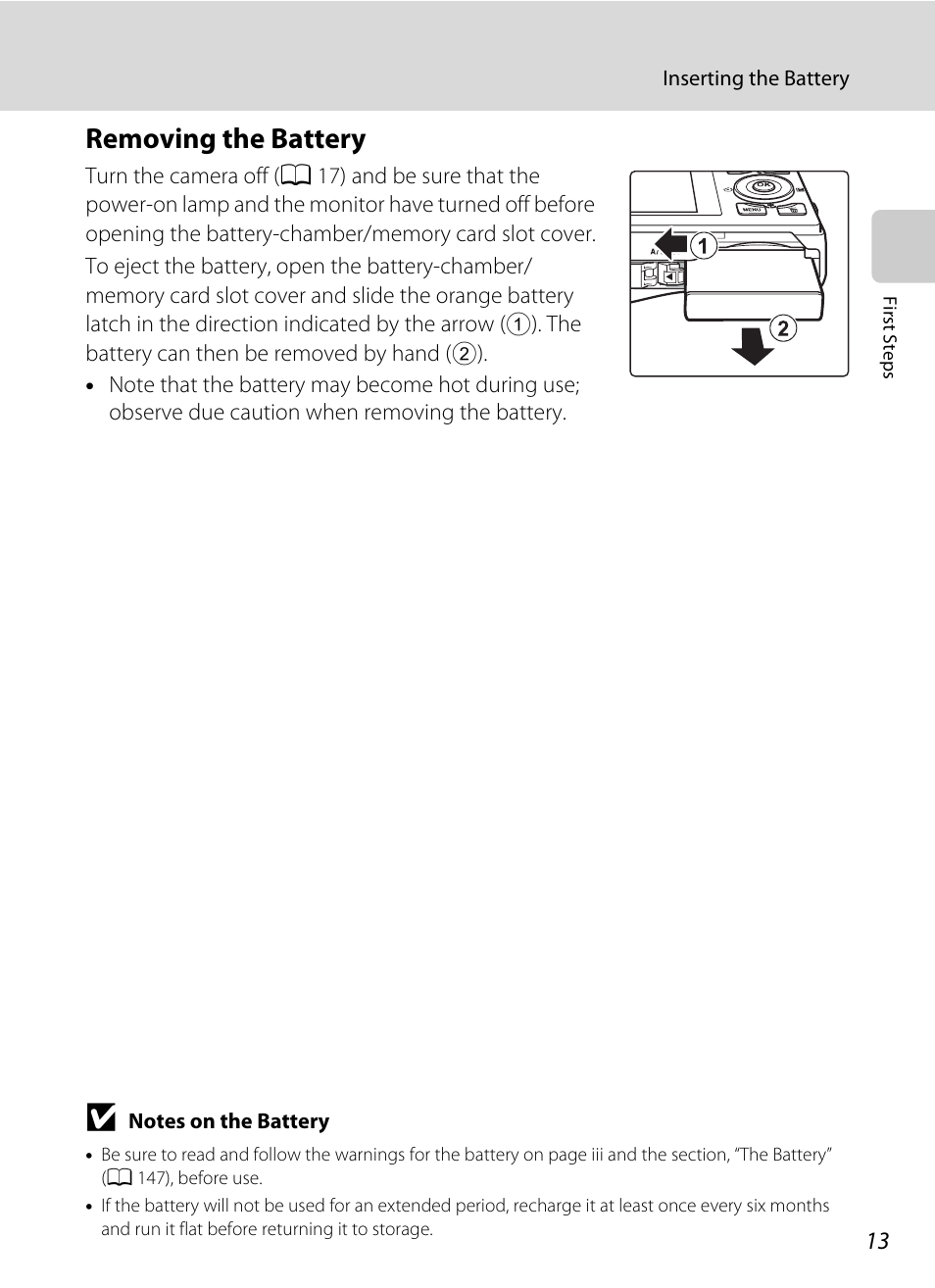 Removing the battery | Nikon S8000 User Manual | Page 25 / 184
