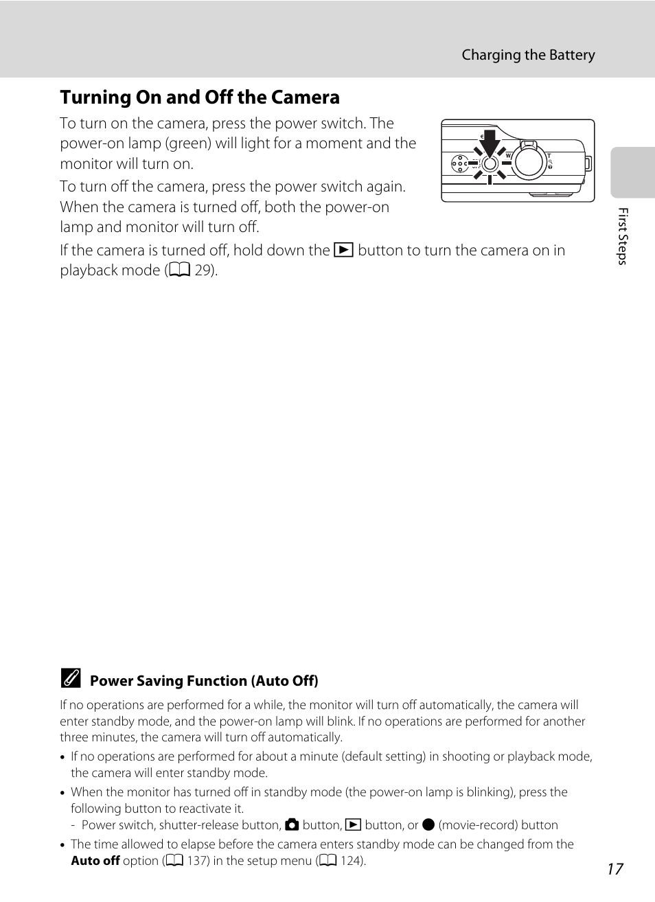 Turning on and off the camera, A 17) and be sure | Nikon S8000 User Manual | Page 29 / 184