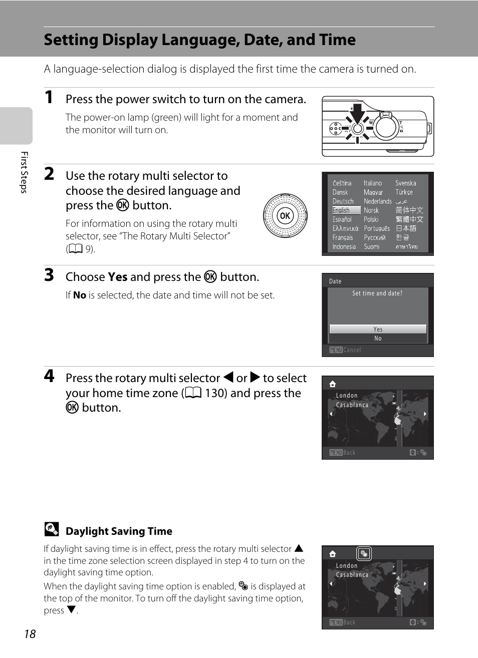 Setting display language, date, and time | Nikon S8000 User Manual | Page 30 / 184