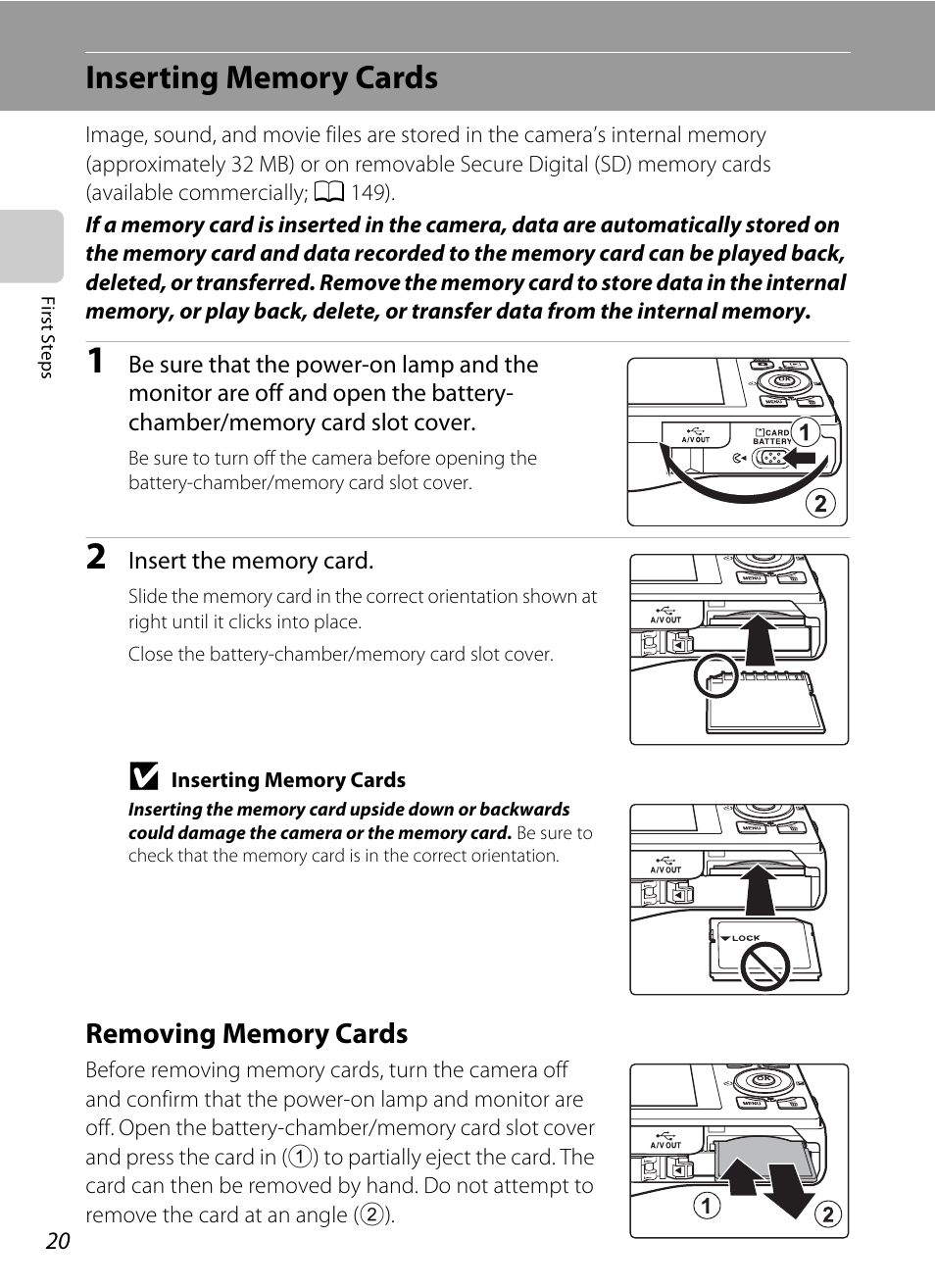 Inserting memory cards, Removing memory cards | Nikon S8000 User Manual | Page 32 / 184