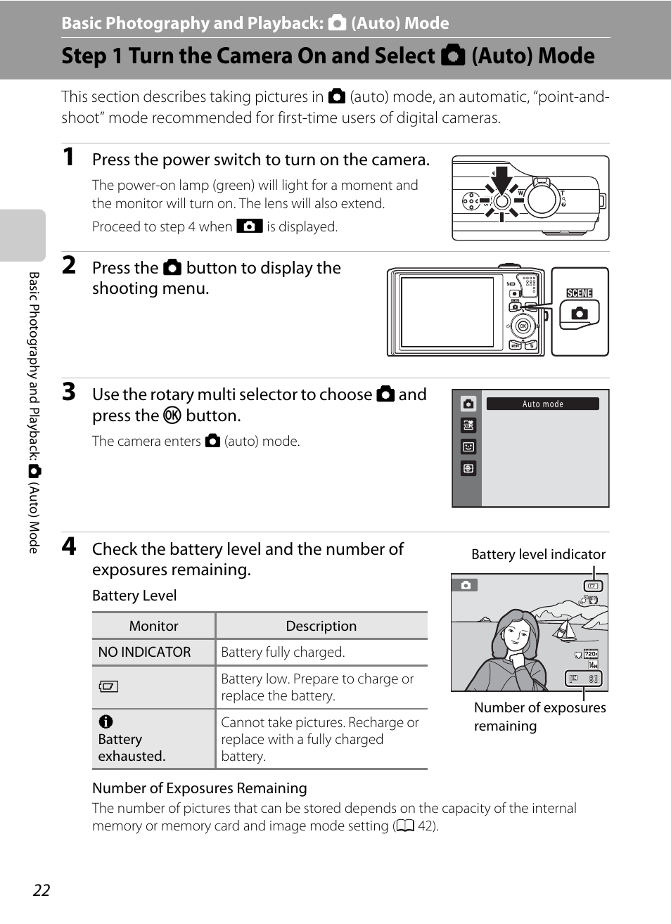 Basic photography and playback: auto mode, Step 1 turn the camera on and select auto mode, Basic photography and playback: a (auto) mode | Step 1 turn the camera on and select a (auto) mode | Nikon S8000 User Manual | Page 34 / 184