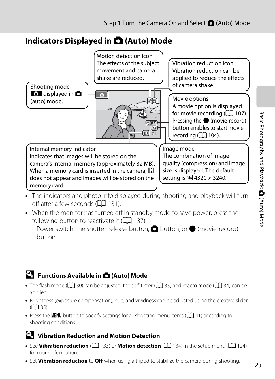 Indicators displayed in auto mode, Indicators displayed in a (auto) mode | Nikon S8000 User Manual | Page 35 / 184