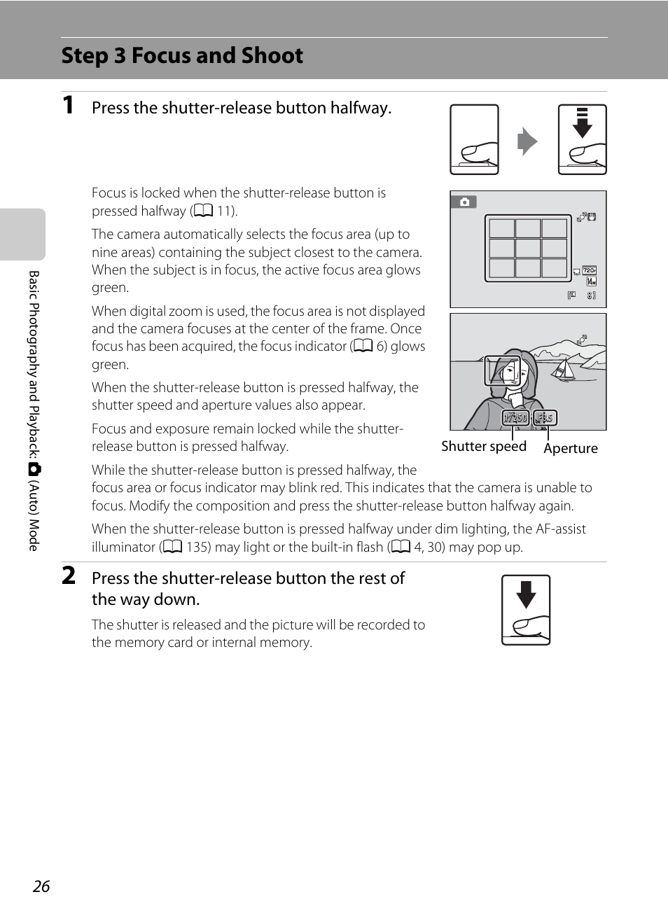 Step 3 focus and shoot, Press the shutter-release button halfway | Nikon S8000 User Manual | Page 38 / 184