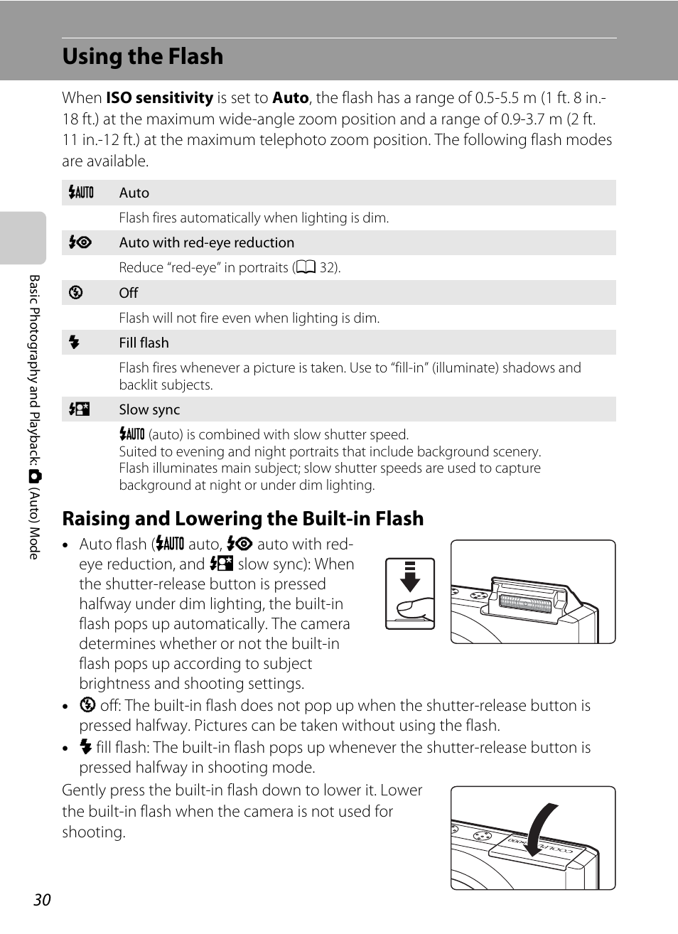 Using the flash, Raising and lowering the built-in flash, A 30 | A 30) can, 30) may pop up, A 30) | Nikon S8000 User Manual | Page 42 / 184