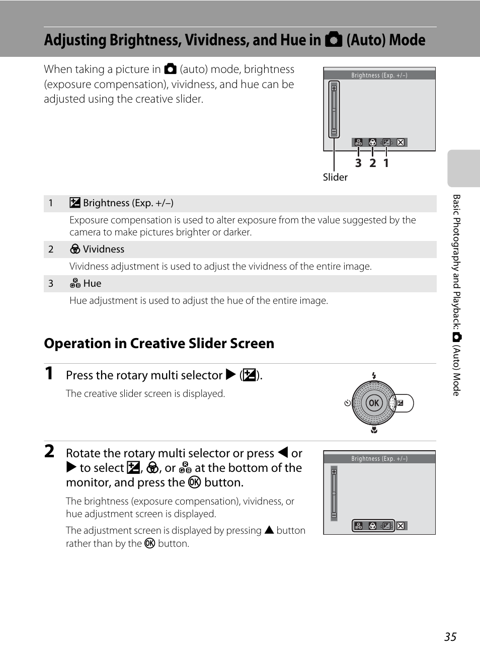 Operation in creative slider screen, A 35, A 35) | Nikon S8000 User Manual | Page 47 / 184