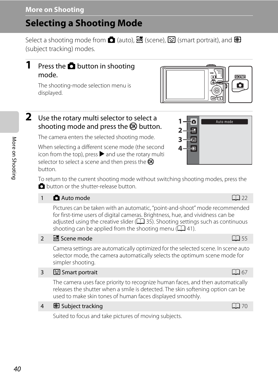 More on shooting, Selecting a shooting mode | Nikon S8000 User Manual | Page 52 / 184