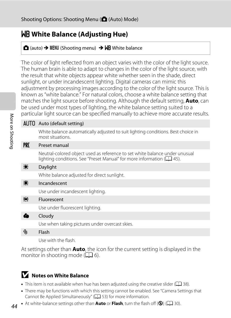 White balance (adjusting hue), B white balance (adjusting hue), Menu | A 44) will be app, A 44) is, A 44 | Nikon S8000 User Manual | Page 56 / 184
