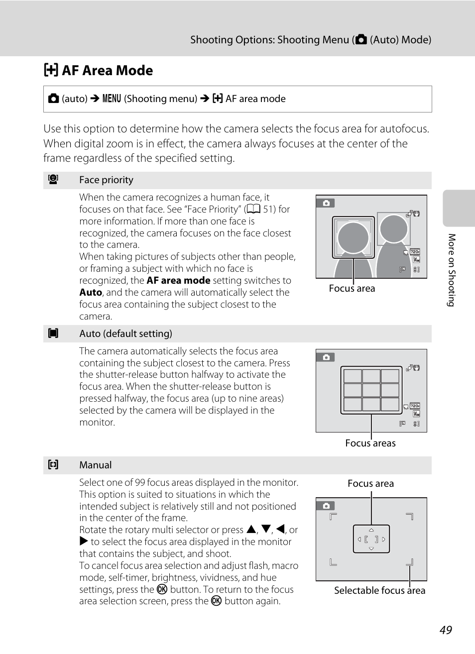 Af area mode, G af area mode, A 49 | Nikon S8000 User Manual | Page 61 / 184