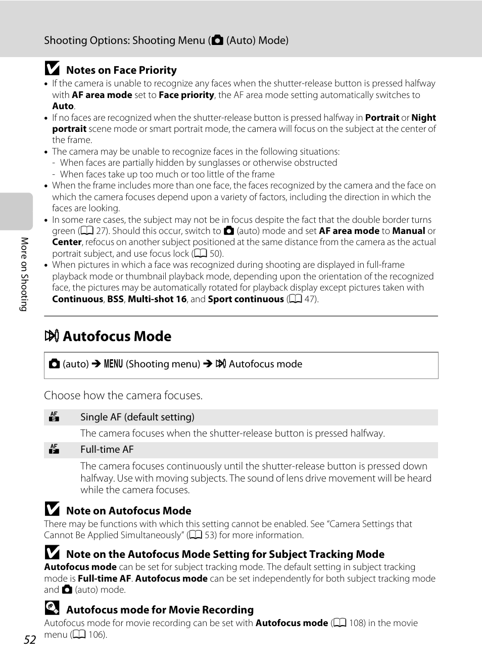 Autofocus mode, I autofocus mode, A 52 | Nikon S8000 User Manual | Page 64 / 184