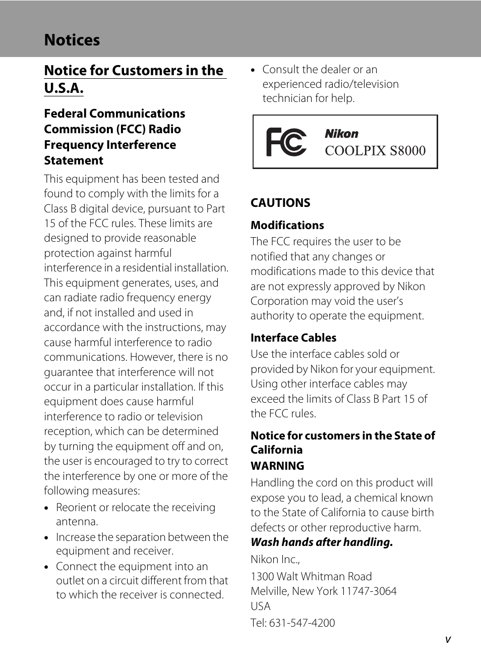 Notices, Notice for customers in the u.s.a | Nikon S8000 User Manual | Page 7 / 184