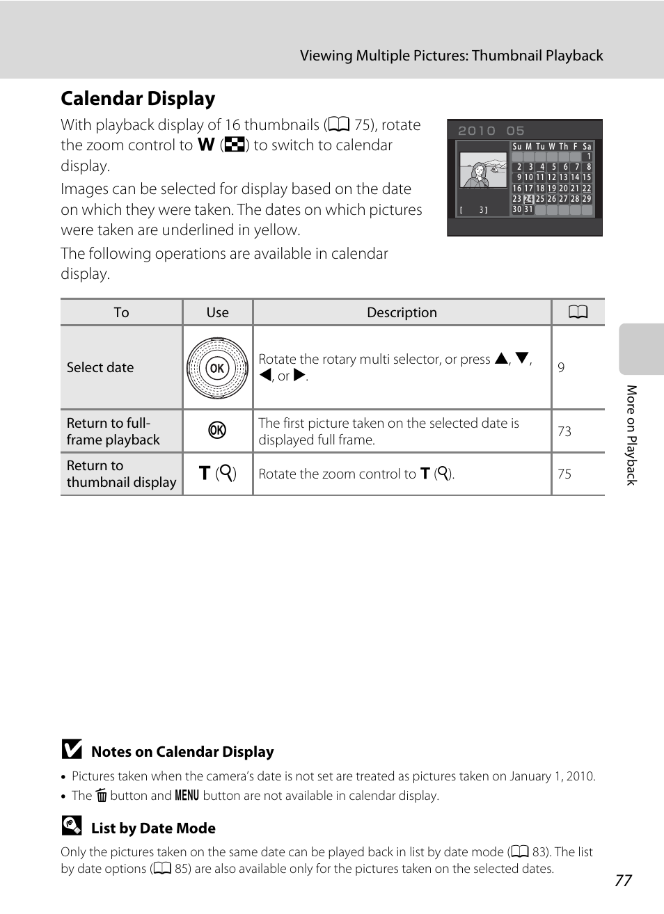 Calendar display, A 77), G (i) | Viewing multiple pictures: thumbnail playback, List by date mode | Nikon S8000 User Manual | Page 89 / 184