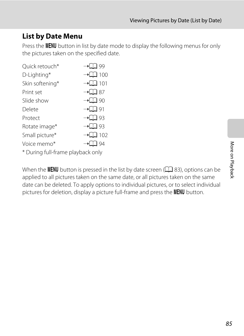 List by date menu, A 85), A 85 | Nikon S8000 User Manual | Page 97 / 184