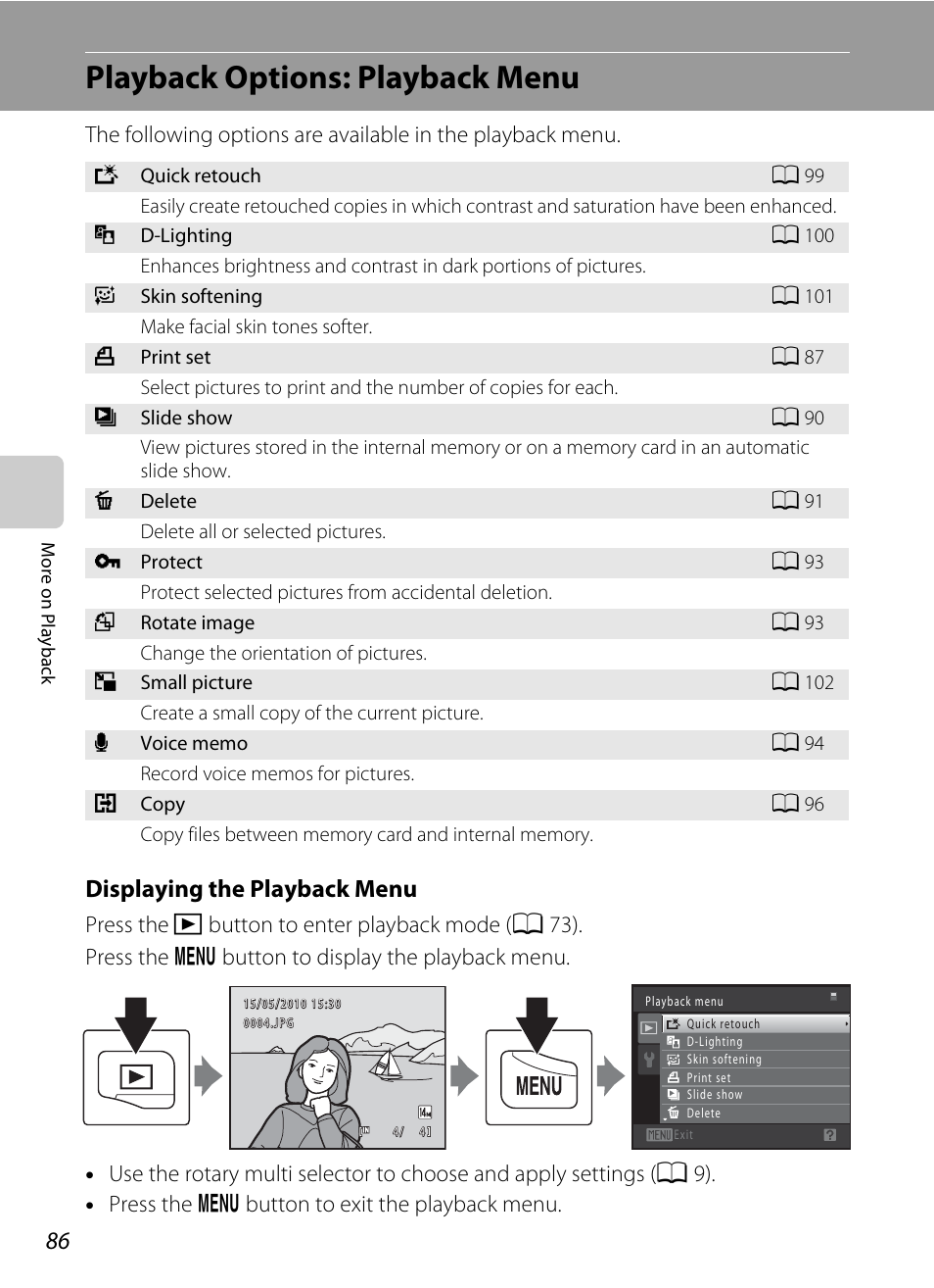 Playback options: playback menu, A 86), the, Displaying the playback menu | Nikon S8000 User Manual | Page 98 / 184