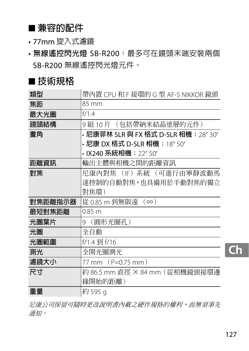 兼容的配件, 技術規格, Jp en de fr es sv ru nl it cz sk ro ua ck ch kr | 77mm, Sb-r200 | Nikon AF-S 85mm f-1.4G User Manual | Page 127 / 140
