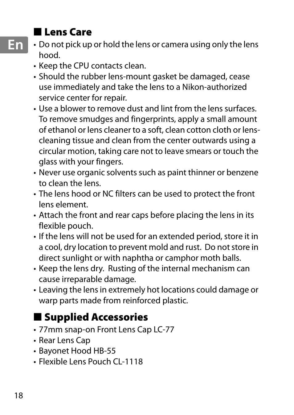 Lens care, Supplied accessories, Jp en de fr es sv ru nl it cz sk ro ua ck ch kr | Nikon AF-S 85mm f-1.4G User Manual | Page 18 / 140