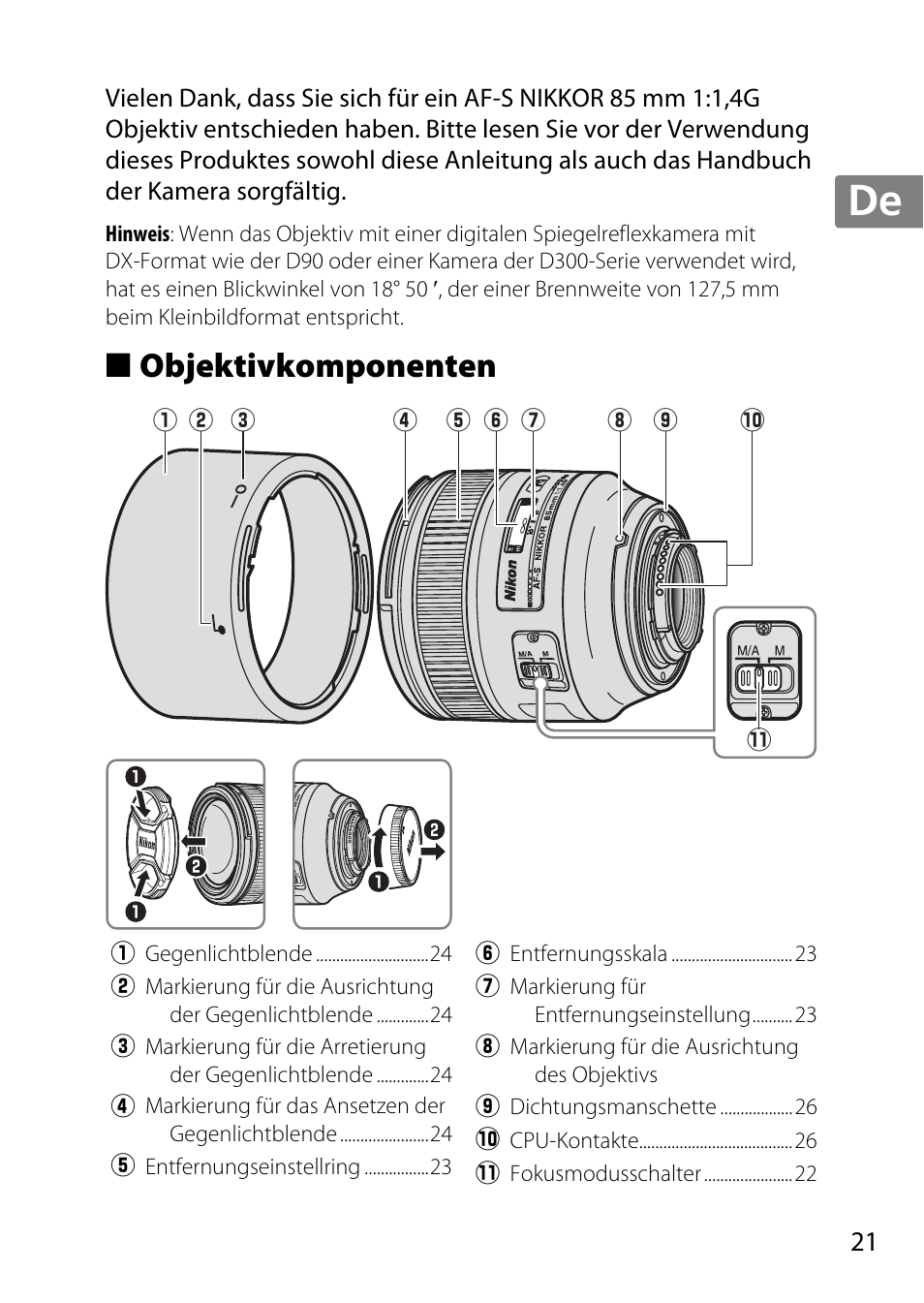 Objektivkomponenten, Jp en de fr es sv ru nl it cz sk ro ua ck ch kr | Nikon AF-S 85mm f-1.4G User Manual | Page 21 / 140