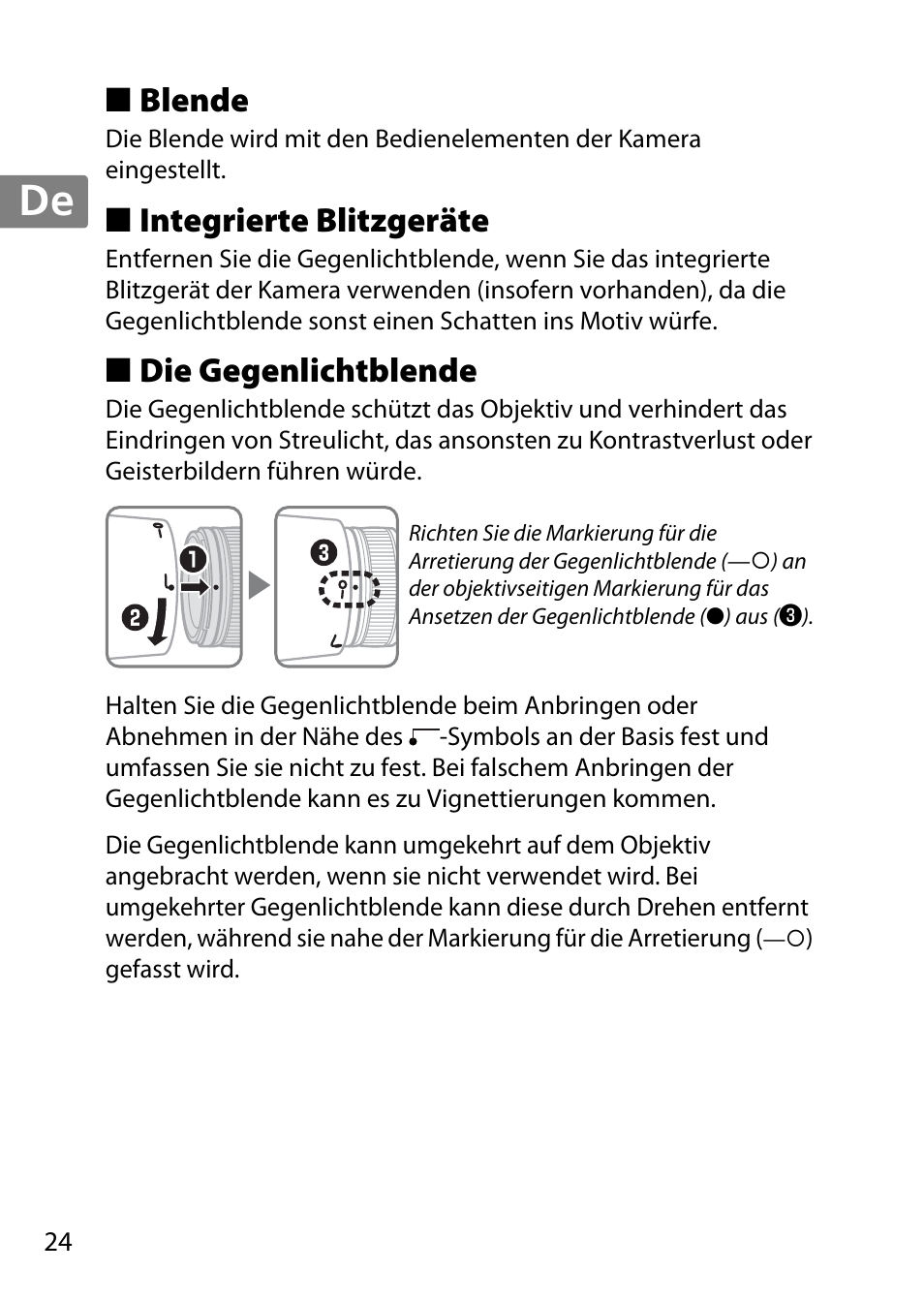 Blende, Integrierte blitzgeräte, Die gegenlichtblende | Jp en de fr es sv ru nl it cz sk ro ua ck ch kr | Nikon AF-S 85mm f-1.4G User Manual | Page 24 / 140