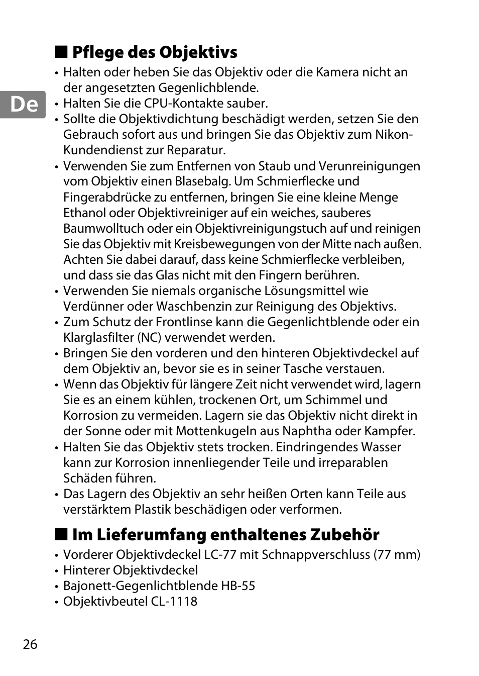 Pflege des objektivs, Im lieferumfang enthaltenes zubehör, Jp en de fr es sv ru nl it cz sk ro ua ck ch kr | Nikon AF-S 85mm f-1.4G User Manual | Page 26 / 140