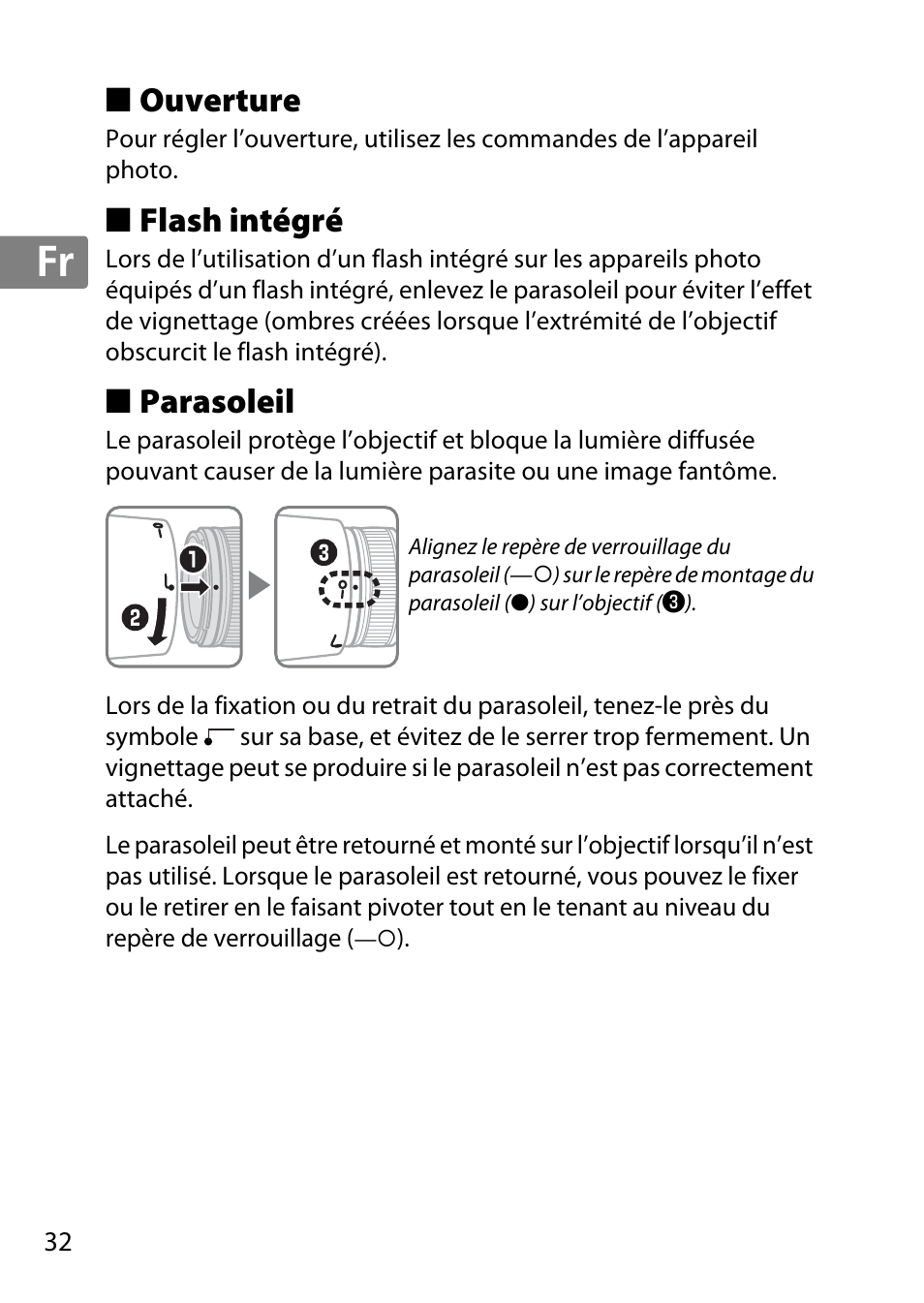 Ouverture, Flash intégré, Parasoleil | Jp en de fr es sv ru nl it cz sk ro ua ck ch kr | Nikon AF-S 85mm f-1.4G User Manual | Page 32 / 140