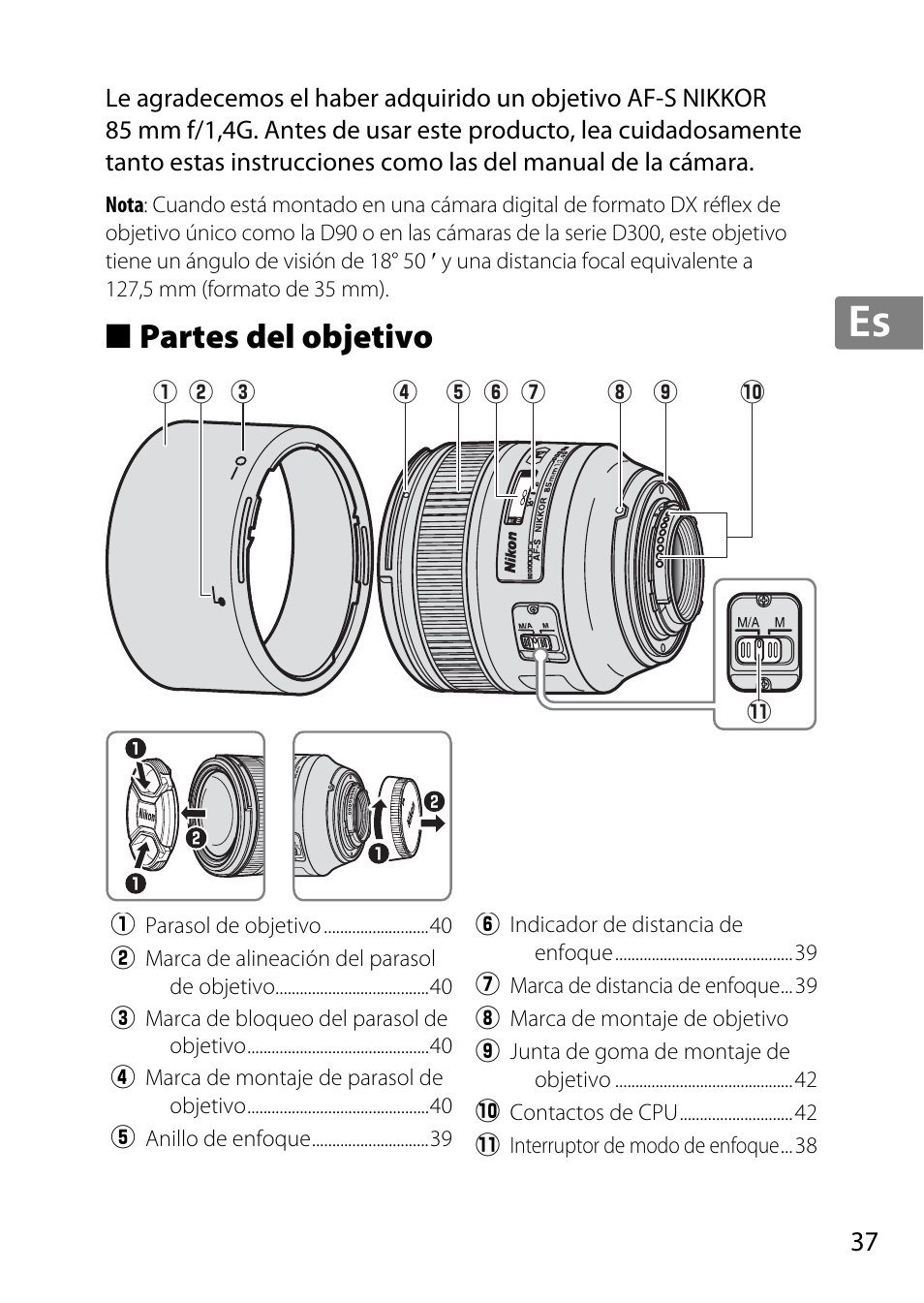 Partes del objetivo, Jp en de fr es sv ru nl it cz sk ro ua ck ch kr | Nikon AF-S 85mm f-1.4G User Manual | Page 37 / 140