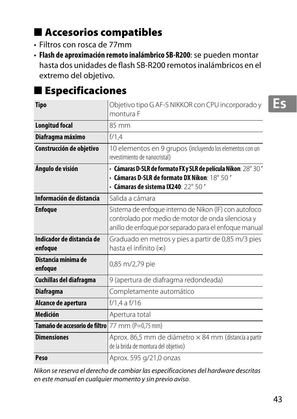 Accesorios compatibles, Especificaciones, Jp en de fr es sv ru nl it cz sk ro ua ck ch kr | Nikon AF-S 85mm f-1.4G User Manual | Page 43 / 140