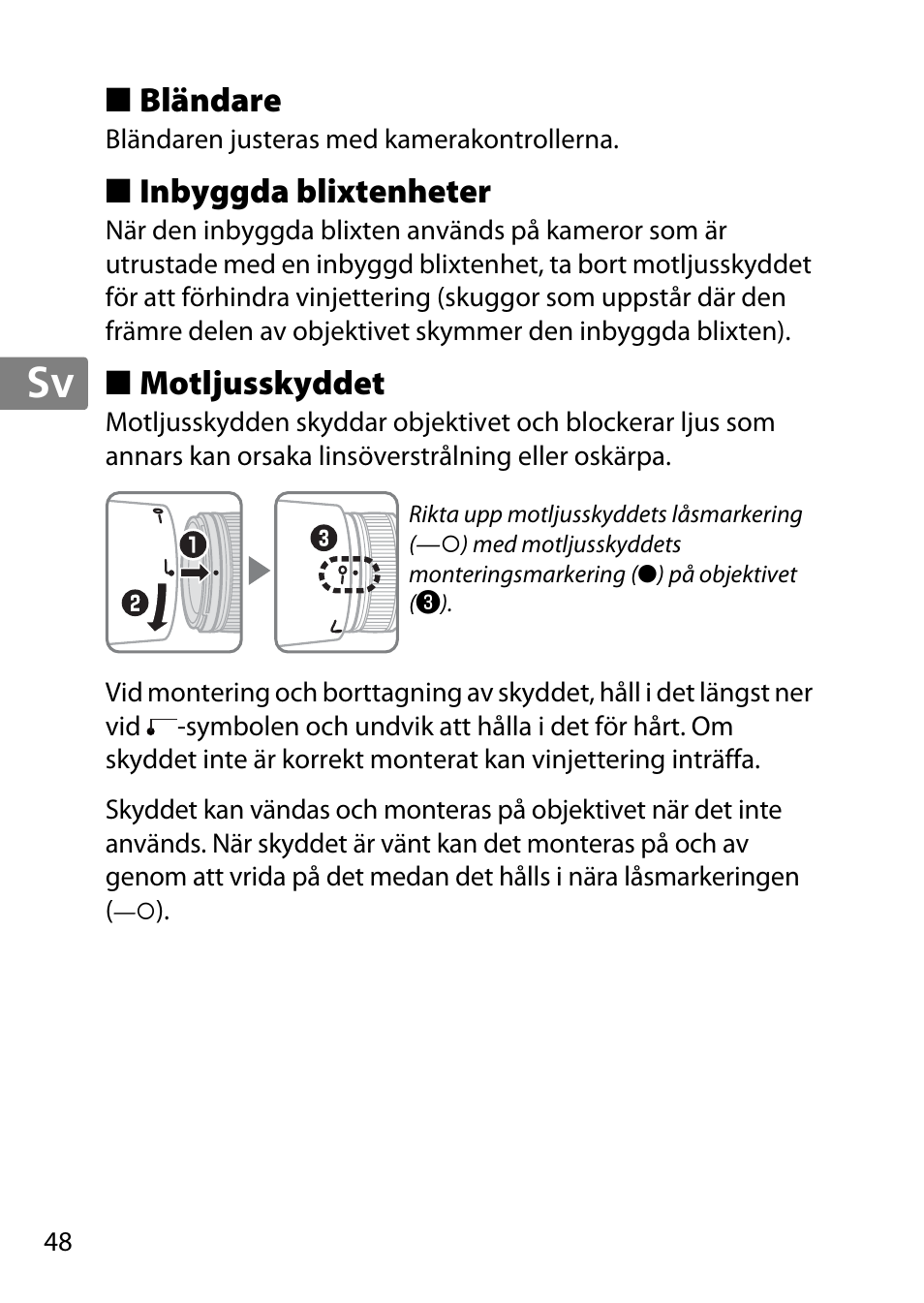 Bländare, Inbyggda blixtenheter, Motljusskyddet | Jp en de fr es sv ru nl it cz sk ro ua ck ch kr | Nikon AF-S 85mm f-1.4G User Manual | Page 48 / 140