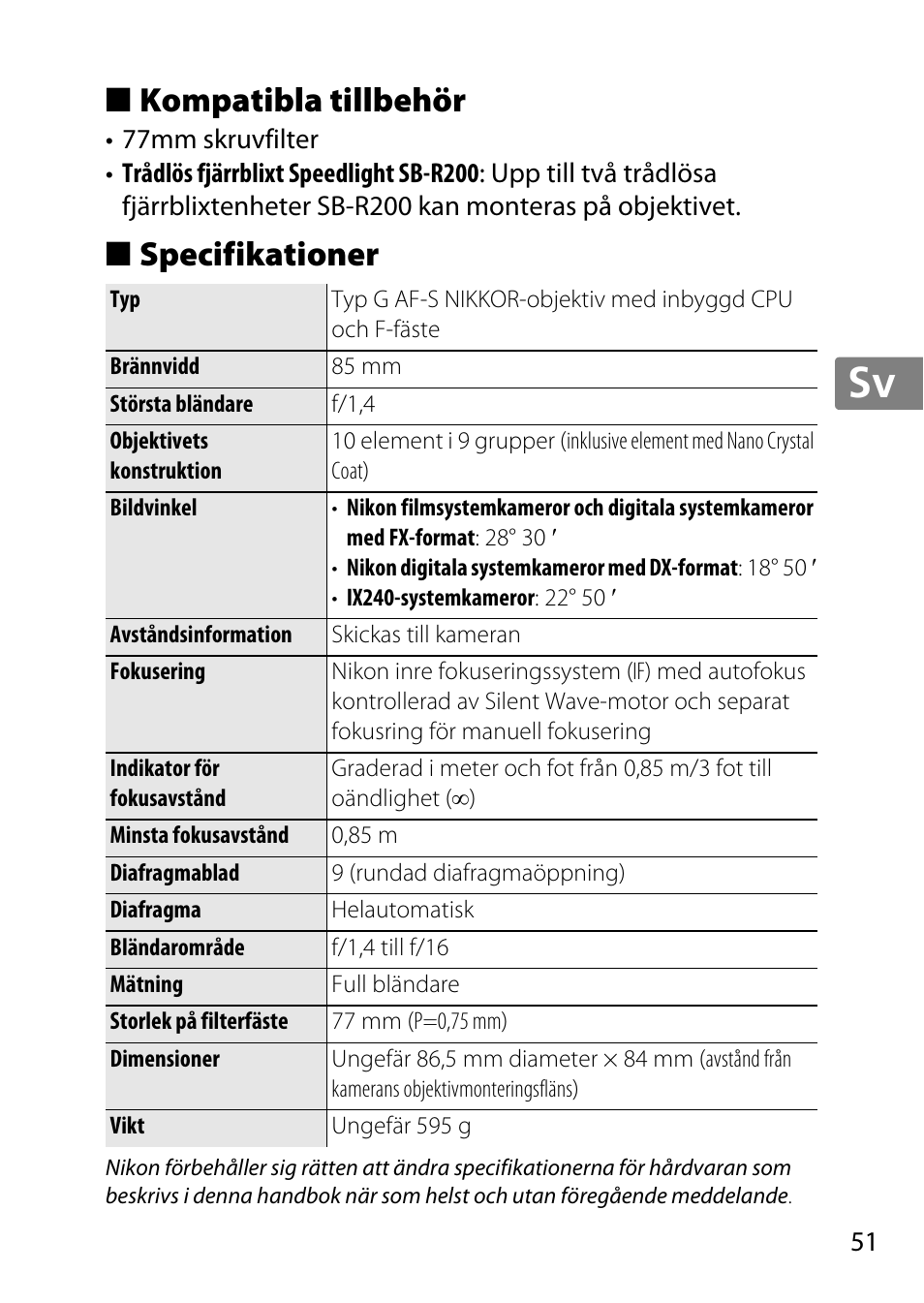 Kompatibla tillbehör, Specifikationer, Jp en de fr es sv ru nl it cz sk ro ua ck ch kr | Nikon AF-S 85mm f-1.4G User Manual | Page 51 / 140