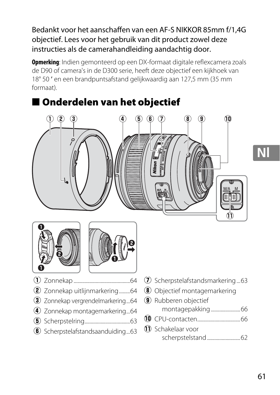 Onderdelen van het objectief, Jp en de fr es sv ru nl it cz sk ro ua ck ch kr | Nikon AF-S 85mm f-1.4G User Manual | Page 61 / 140