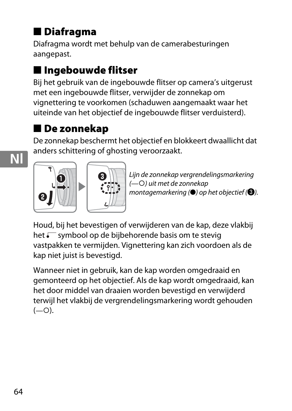 Diafragma, Ingebouwde flitser, De zonnekap | Jp en de fr es sv ru nl it cz sk ro ua ck ch kr | Nikon AF-S 85mm f-1.4G User Manual | Page 64 / 140