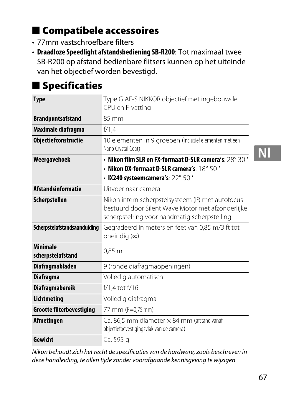 Compatibele accessoires, Specificaties, Jp en de fr es sv ru nl it cz sk ro ua ck ch kr | Nikon AF-S 85mm f-1.4G User Manual | Page 67 / 140