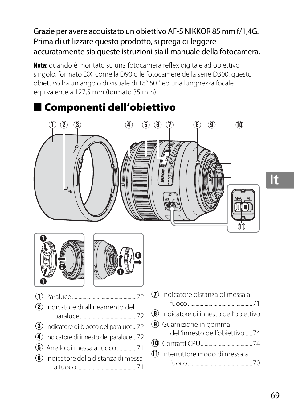 Componenti dell’obiettivo, Jp en de fr es sv ru nl it cz sk ro ua ck ch kr | Nikon AF-S 85mm f-1.4G User Manual | Page 69 / 140
